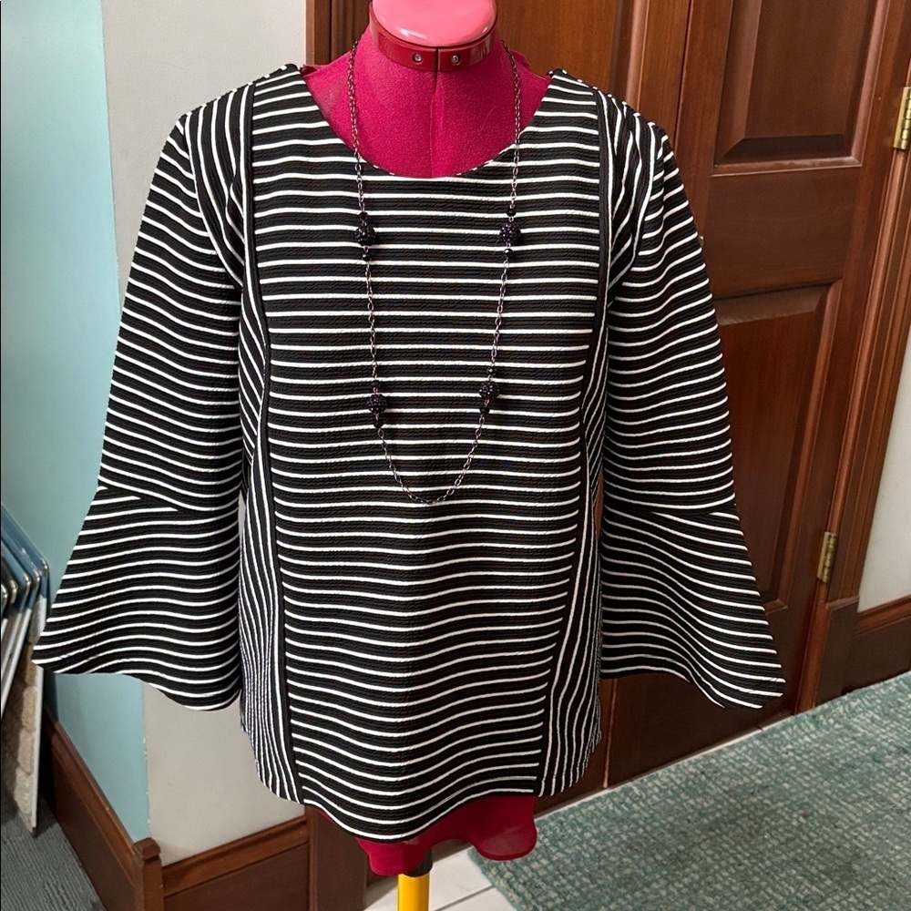 Karl Lagerfeld   Top  striped black/white  3/4 bell sleeves  1/4 back zip
EUC